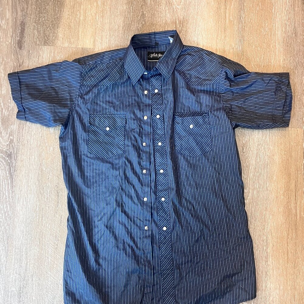 White Horse Men’s Med Blue White Striped Pearl Snap Short Sleeve Western Shirt